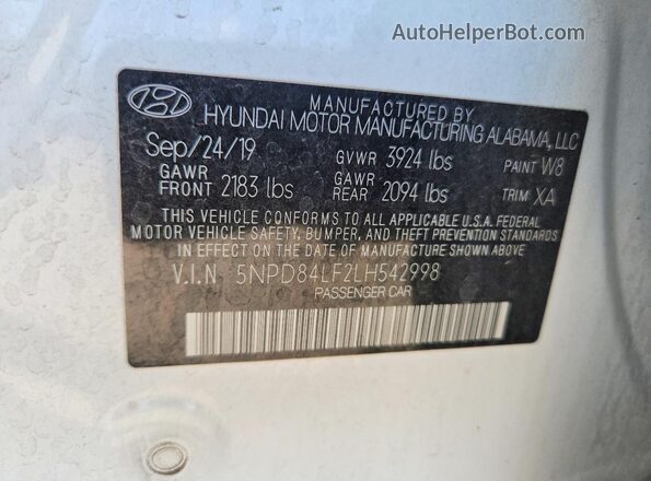 5NPD84LF2LH542998 2020 HYUNDAI ELANTRA White ძრავის განყოფილების ხედი