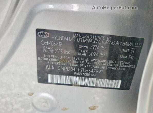5NPD84LF2LH547991 2020 HYUNDAI ELANTRA Серебряный Вид подкапотного пространства