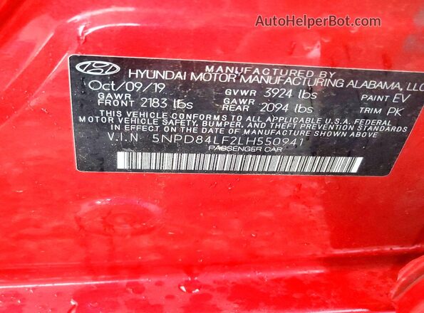 5NPD84LF2LH550941 2020 HYUNDAI ELANTRA Красный Вид подкапотного пространства