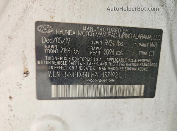 5NPD84LF2LH571921 2020 HYUNDAI ELANTRA White VIN կոդի պիտակի տեսք