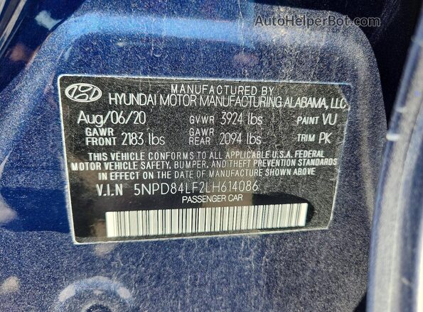 5NPD84LF2LH614086 2020 HYUNDAI ELANTRA Синий Вид подкапотного пространства