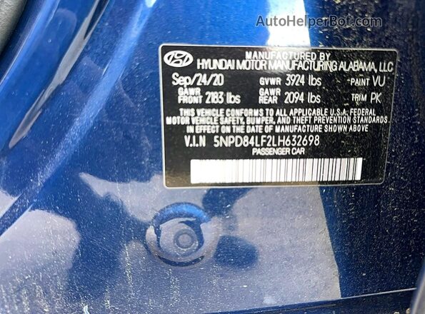 5NPD84LF2LH632698 2020 HYUNDAI ELANTRA Blue Engine compartment view