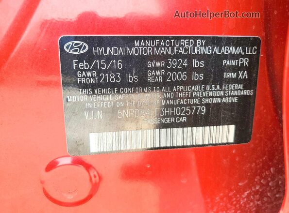 5NPD84LF3HH025779 2017 HYUNDAI ELANTRA Red VIN კოდის სტიკერის ხედი