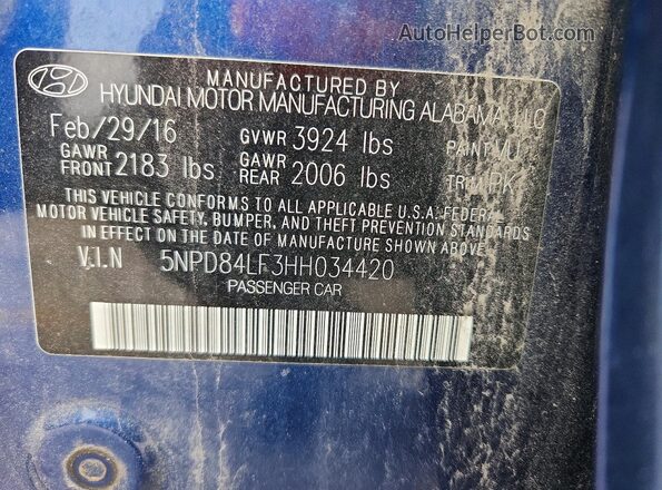 5NPD84LF3HH034420 2017 HYUNDAI ELANTRA Blue VIN sticker view