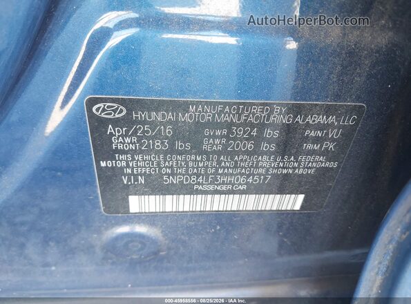 5NPD84LF3HH064517 2017 HYUNDAI ELANTRA Dark Blue Vista del compartimento del motor