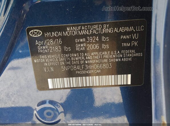 5NPD84LF3HH066803 2017 HYUNDAI ELANTRA Синий Вид подкапотного пространства