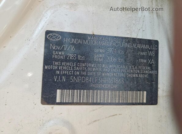 5NPD84LF3HH161863 2017 HYUNDAI ELANTRA White VIN კოდის სტიკერის ხედი