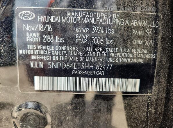 5NPD84LF3HH162477 2017 HYUNDAI ELANTRA Black Engine compartment view