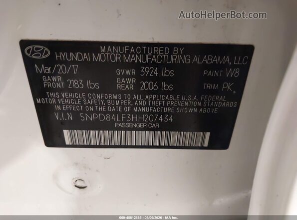 5NPD84LF3HH207434 2017 HYUNDAI ELANTRA White Widok komory silnika