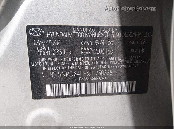 5NPD84LF3JH230525 2018 HYUNDAI ELANTRA Silver Вид підкапотного простору