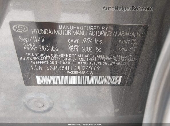 5NPD84LF3JH273889 2018 HYUNDAI ELANTRA Gray Вид підкапотного простору