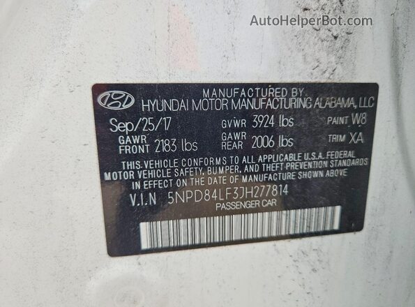 5NPD84LF3JH277814 2018 HYUNDAI ELANTRA White VIN կոդի պիտակի տեսք