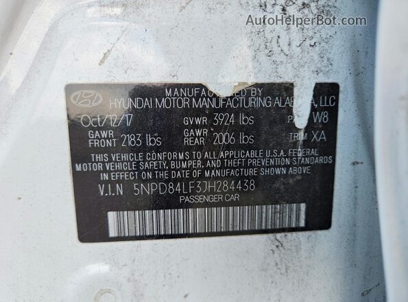 5NPD84LF3JH284438 2018 HYUNDAI ELANTRA White 