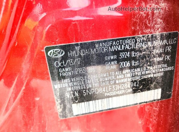 5NPD84LF3JH284942 2018 HYUNDAI ELANTRA Burgundy Widok naklejki z numerem VIN