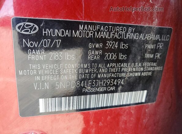 5NPD84LF3JH293494 2018 HYUNDAI ELANTRA Red Շարժիչի բաժամունքի տեսք