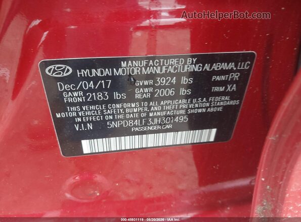 5NPD84LF3JH301495 2018 HYUNDAI ELANTRA Red Engine compartment view
