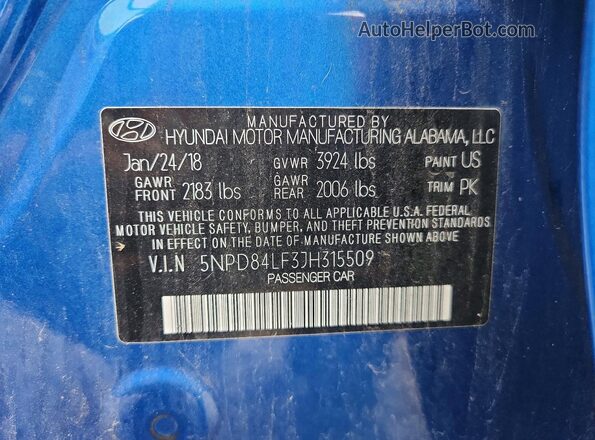 5NPD84LF3JH315509 2018 HYUNDAI ELANTRA Blue Շարժիչի բաժամունքի տեսք