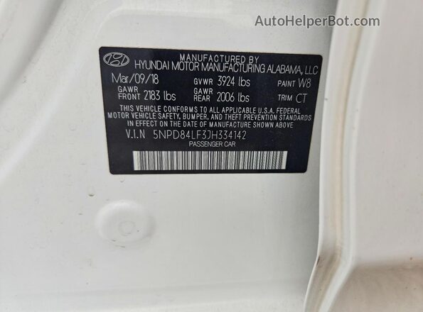 5NPD84LF3JH334142 2018 HYUNDAI ELANTRA White VIN կոդի պիտակի տեսք