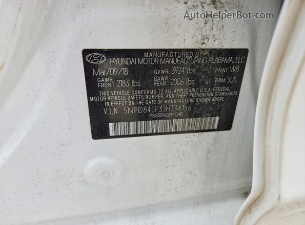 5NPD84LF3JH334156 2018 HYUNDAI ELANTRA White VIN կոդի պիտակի տեսք