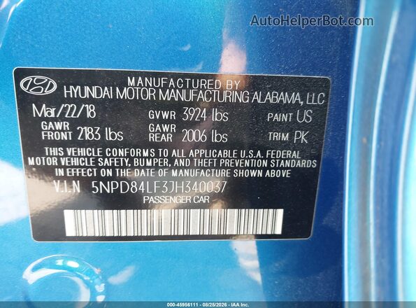 5NPD84LF3JH340037 2018 HYUNDAI ELANTRA Blue Widok komory silnika