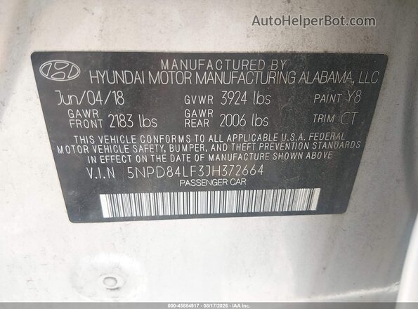 5NPD84LF3JH372664 2018 HYUNDAI ELANTRA Silver Շարժիչի բաժամունքի տեսք