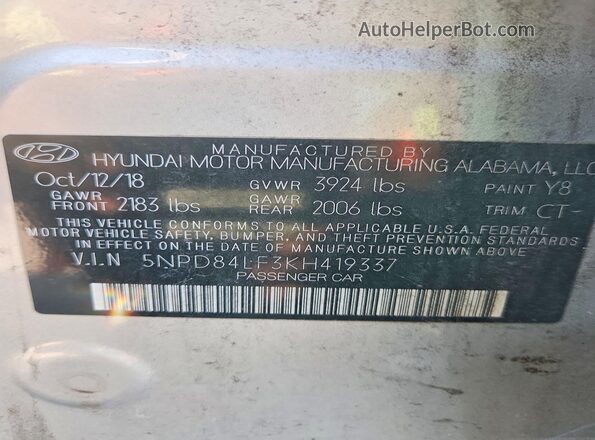 5NPD84LF3KH419337 2019 HYUNDAI ELANTRA Silver Вид підкапотного простору
