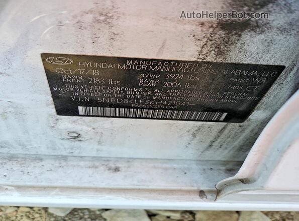 5NPD84LF3KH421041 2019 HYUNDAI ELANTRA White ძრავის განყოფილების ხედი