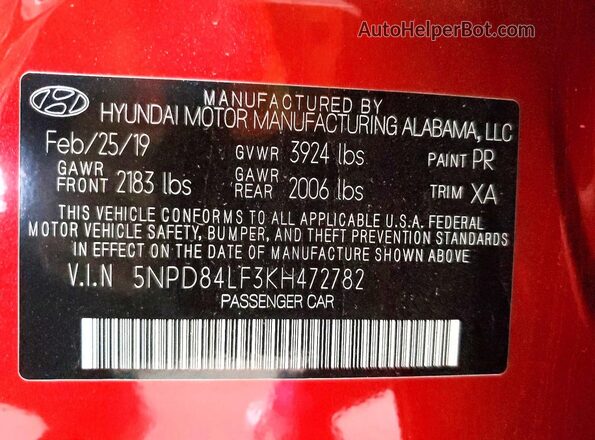 5NPD84LF3KH472782 2019 HYUNDAI ELANTRA Red Вид підкапотного простору