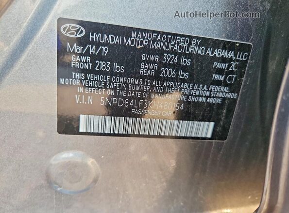 5NPD84LF3KH480154 2019 HYUNDAI ELANTRA Gray Вид наклейки з VIN-кодом