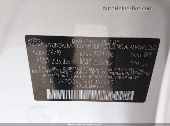 5NPD84LF3KH496693 2019 HYUNDAI ELANTRA White Вид підкапотного простору