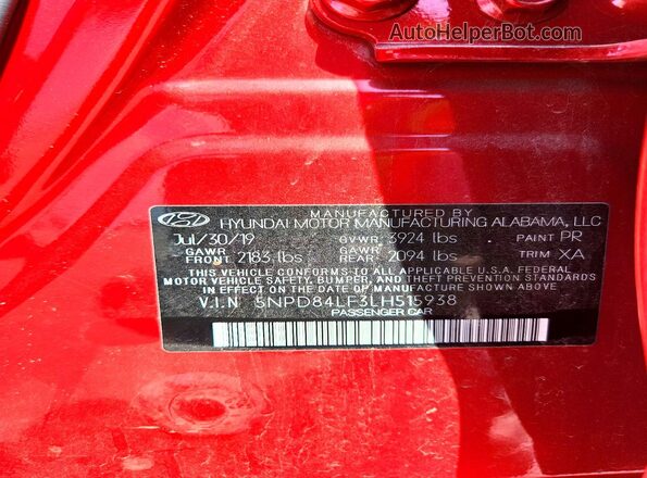 5NPD84LF3LH515938 2020 HYUNDAI ELANTRA Red Շարժիչի բաժամունքի տեսք