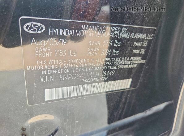 5NPD84LF3LH518449 2020 HYUNDAI ELANTRA Black Vista del compartimento del motor
