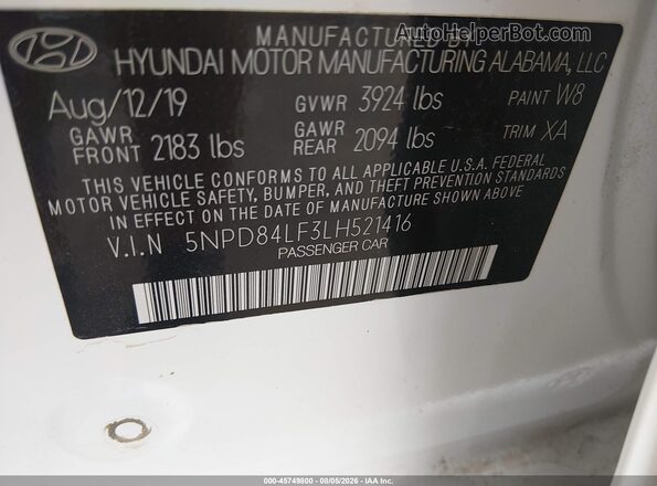 5NPD84LF3LH521416 2020 HYUNDAI ELANTRA White Շարժիչի բաժամունքի տեսք