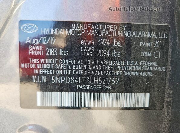 5NPD84LF3LH521769 2020 HYUNDAI ELANTRA Gray Շարժիչի բաժամունքի տեսք