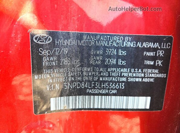 5NPD84LF3LH536613 2020 HYUNDAI ELANTRA Red VIN sticker view
