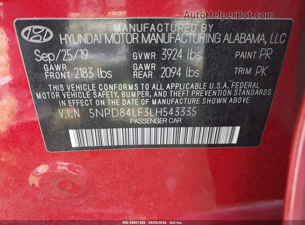 5NPD84LF3LH543335 2020 HYUNDAI ELANTRA Red Vista del compartimento del motor