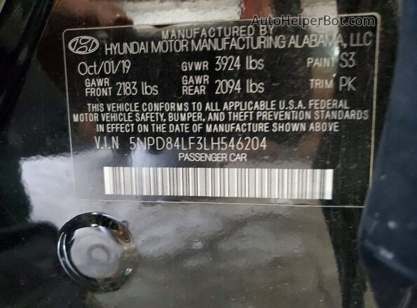5NPD84LF3LH546204 2020 HYUNDAI ELANTRA Black Vista del compartimento del motor