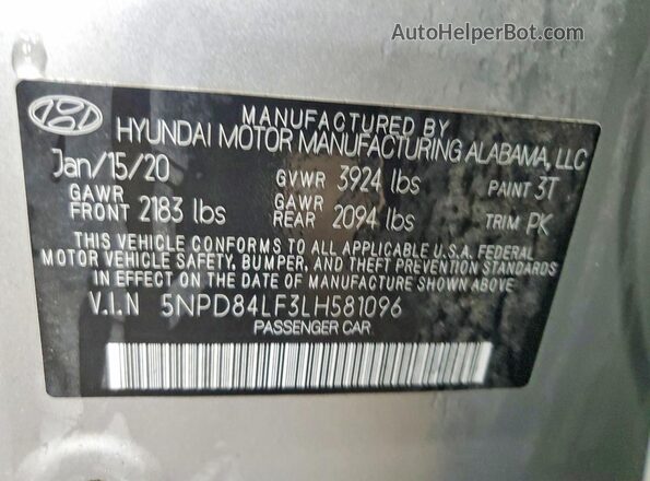 5NPD84LF3LH581096 2020 HYUNDAI ELANTRA Silver VIN sticker view