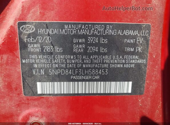 5NPD84LF3LH588453 2020 HYUNDAI ELANTRA Red Engine compartment view