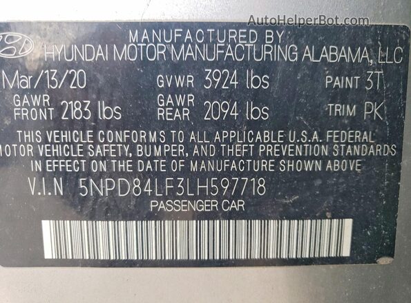 5NPD84LF3LH597718 2020 HYUNDAI ELANTRA Серебряный Вид наклейки с VIN-кодом