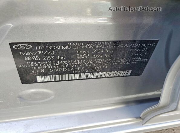 5NPD84LF3LH600441 2020 HYUNDAI ELANTRA Silver Widok komory silnika