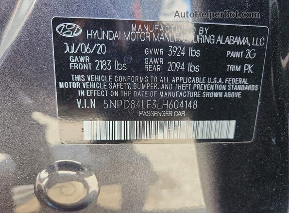 5NPD84LF3LH604148 2020 HYUNDAI ELANTRA Gray Widok komory silnika