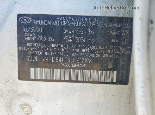 5NPD84LF3LH612198 2020 HYUNDAI ELANTRA White Vista del compartimento del motor