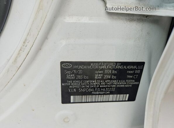 5NPD84LF3LH630233 2020 HYUNDAI ELANTRA White ძრავის განყოფილების ხედი