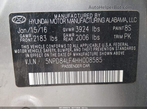 5NPD84LF4HH008585 2017 HYUNDAI ELANTRA Gray Engine compartment view