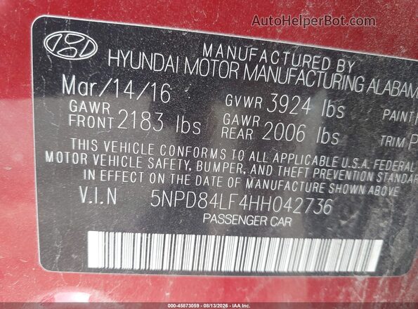 5NPD84LF4HH042736 2017 HYUNDAI ELANTRA Red Widok komory silnika