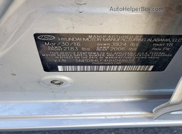 5NPD84LF4HH048651 2017 HYUNDAI ELANTRA Silver Widok naklejki z numerem VIN