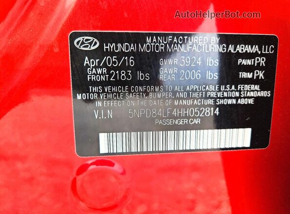 5NPD84LF4HH052814 2017 HYUNDAI ELANTRA Red Շարժիչի բաժամունքի տեսք