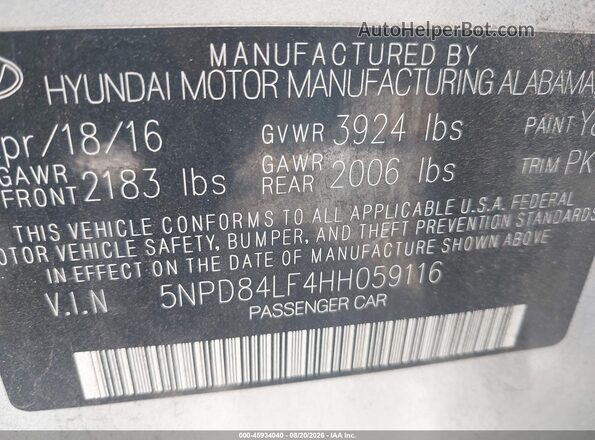 5NPD84LF4HH059116 2017 HYUNDAI ELANTRA Silver ძრავის განყოფილების ხედი