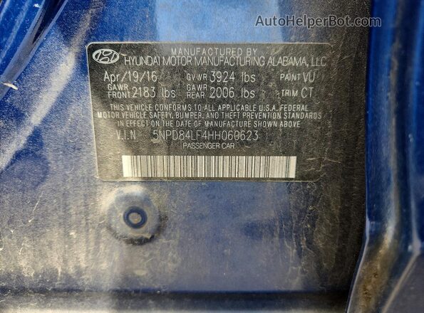 5NPD84LF4HH060623 2017 HYUNDAI ELANTRA Blue ძრავის განყოფილების ხედი